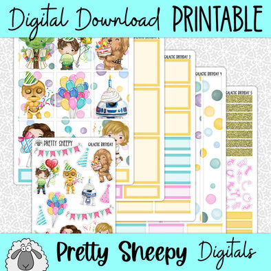 Galactic Birthday Printable Planner Stickers PNG Digital Download Weekly Vertical Kit