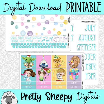 Galactic Birthday Printable Planner Stickers PNG Digital Download Monthly Kit