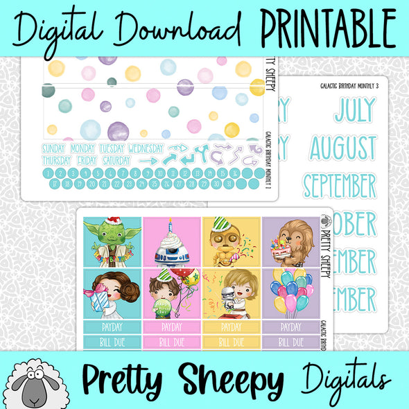 Galactic Birthday Printable Planner Stickers PNG Digital Download Monthly Kit