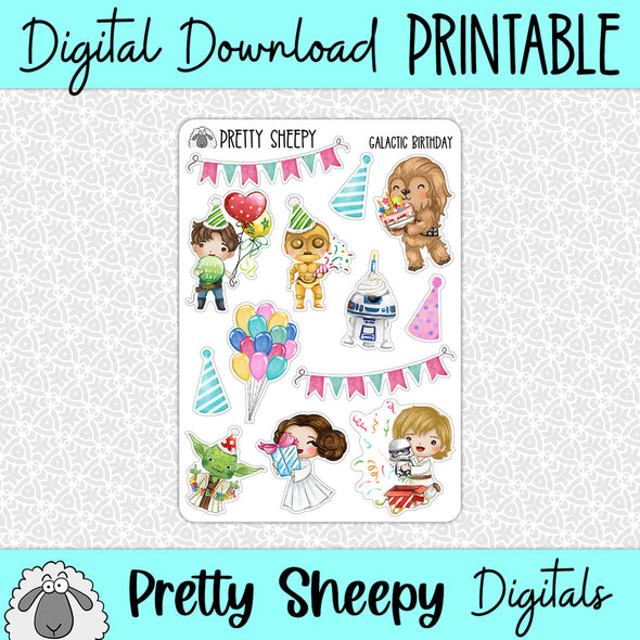 Galactic Birthday Printable Stickers PNG Digital Download