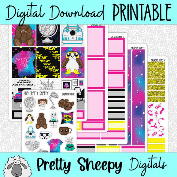 Galactic Home Printable Planner Stickers PNG Digital Download Weekly Vertical Kit