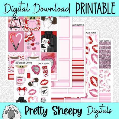 Galactic Valentine Printable Planner Stickers PNG Digital Download Weekly Vertical Kit