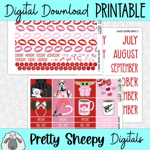 Galactic Valentine Printable Planner Stickers PNG Digital Download Monthly Kit