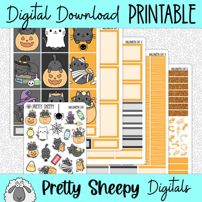 Halloween Cat Printable Planner Stickers PNG Digital Download Weekly Vertical Kit