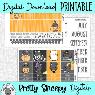 Halloween Cat Printable Planner Stickers PNG Digital Download Monthly Kit