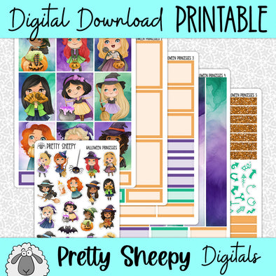 Halloween Princesses Printable Planner Stickers PNG Digital Download Weekly Vertical Kit