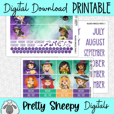 Halloween Princesses Printable Planner Stickers PNG Digital Download Monthly Kit