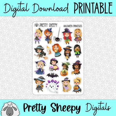 Halloween Princesses Printable Stickers PNG Digital Download