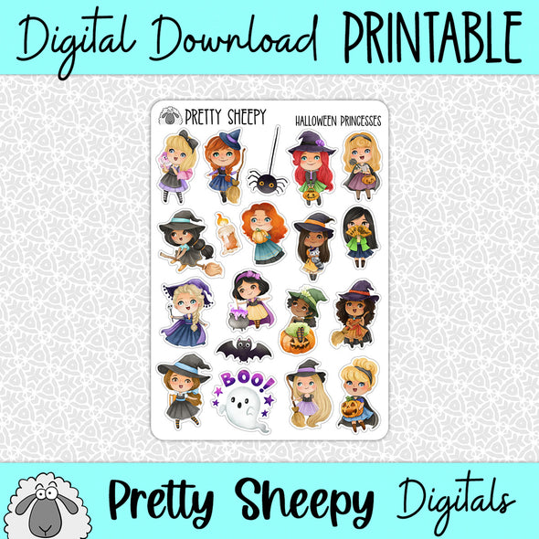 Halloween Princesses Printable Stickers PNG Digital Download