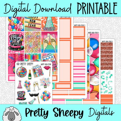Happy New Year Printable Planner Stickers PNG Digital Download Weekly Vertical Kit