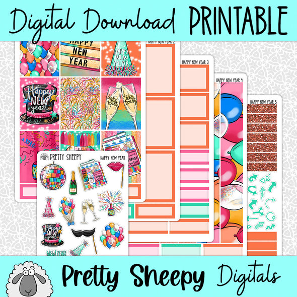 Happy New Year Printable Planner Stickers PNG Digital Download Weekly Vertical Kit