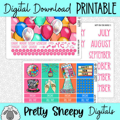 Happy New Year Printable Planner Stickers PNG Digital Download Monthly Kit