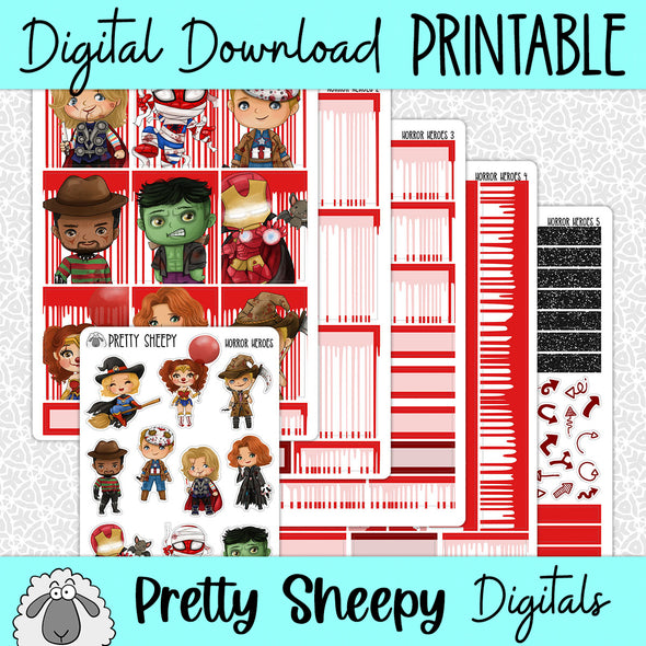 Horror Heroes Printable Planner Stickers PNG Digital Download Weekly Vertical Kit