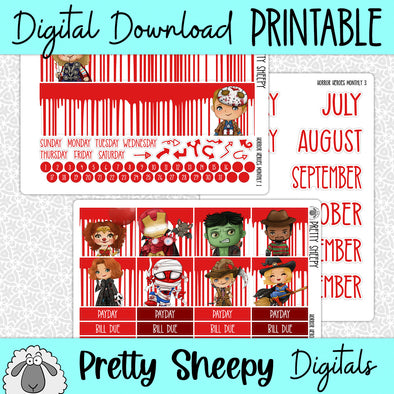 Horror Heroes Printable Planner Stickers PNG Digital Download Monthly Kit