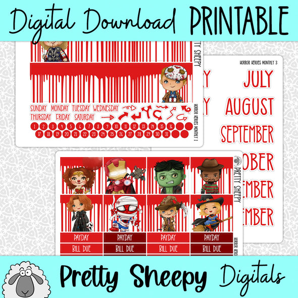 Horror Heroes Printable Planner Stickers PNG Digital Download Monthly Kit