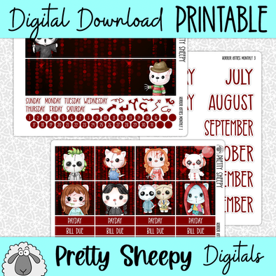 Horror Kitties Printable Planner Stickers PNG Digital Download Monthly Kit