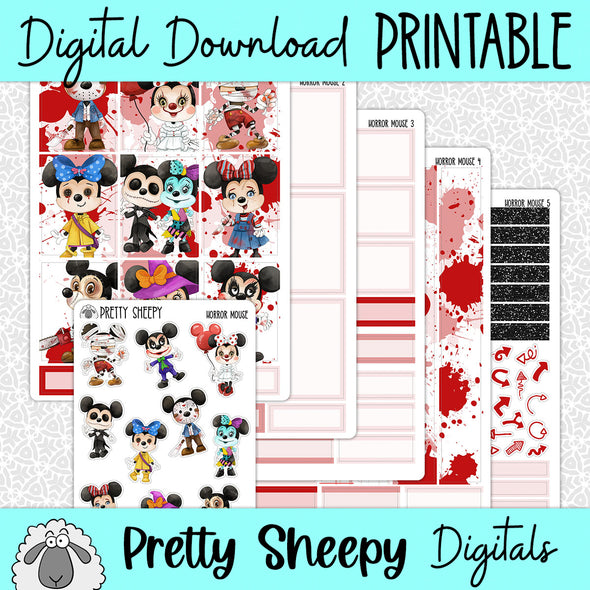 Horror Mouse Printable Planner Stickers PNG Digital Download Weekly Vertical Kit
