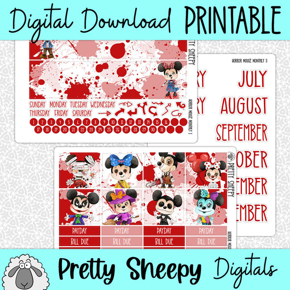 Horror Mouse Printable Planner Stickers PNG Digital Download Monthly Kit