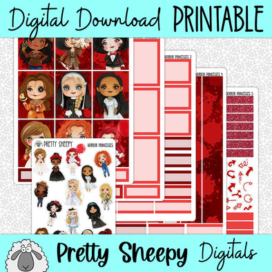 Horror Princesses Printable Planner Stickers PNG Digital Download Weekly Vertical Kit