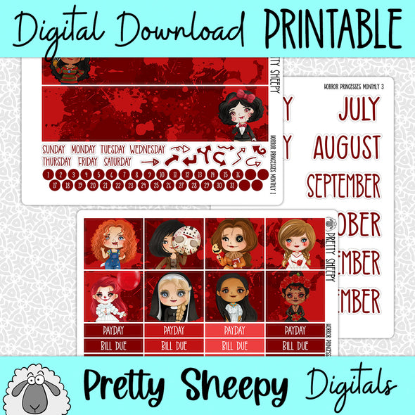 Horror Princesses Printable Planner Stickers PNG Digital Download Monthly Kit