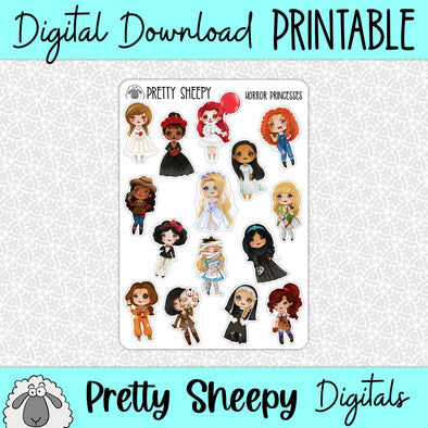 Horror Princesses Printable Stickers PNG Digital Download