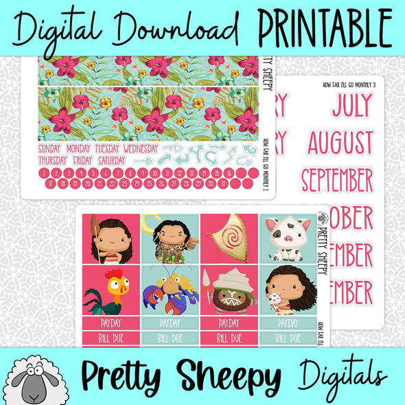 How Far I'll Go Printable Planner Stickers PNG Digital Download Monthly Kit