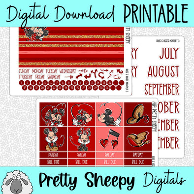 Hugs & Kisses Printable Planner Stickers PNG Digital Download Monthly Kit