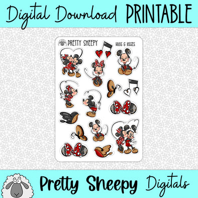 Hugs & Kisses Printable Stickers PNG Digital Download