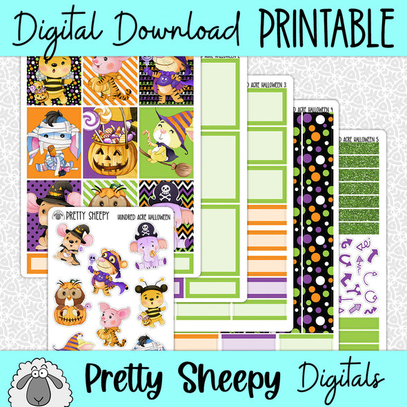 Hundred Acre Halloween Printable Planner Stickers PNG Digital Download Weekly Vertical Kit