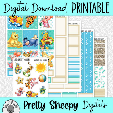 Hundred Acre Summer Printable Planner Stickers PNG Digital Download Weekly Vertical Kit