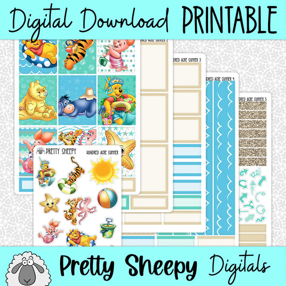 Hundred Acre Summer Printable Planner Stickers PNG Digital Download Weekly Vertical Kit