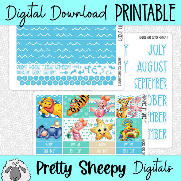 Hundred Acre Summer Printable Planner Stickers PNG Digital Download Monthly Kit