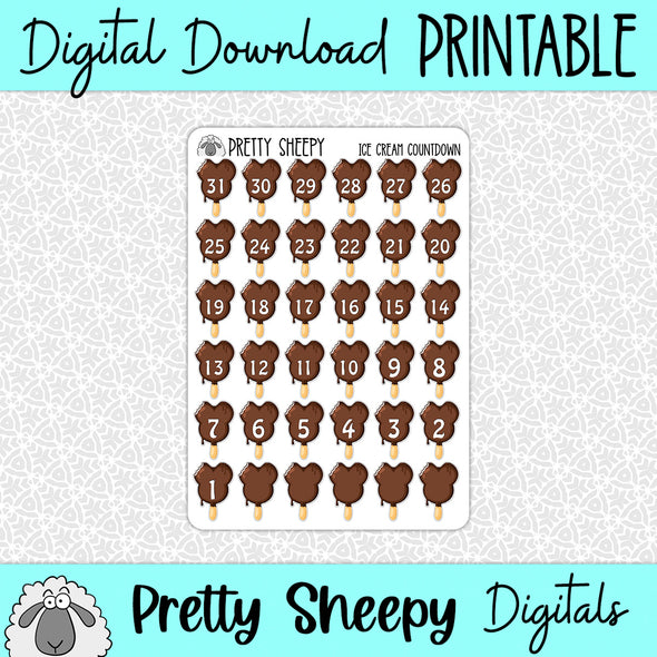 Ice Cream Countdown Printable Stickers PNG Digital Download