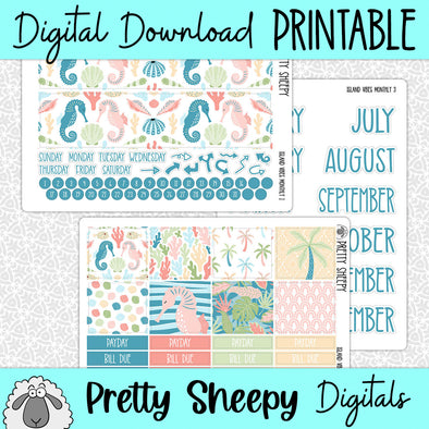 Island Vibes Printable Planner Stickers PNG Digital Download Monthly Kit