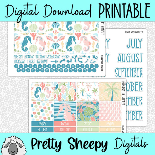 Island Vibes Printable Planner Stickers PNG Digital Download Monthly Kit