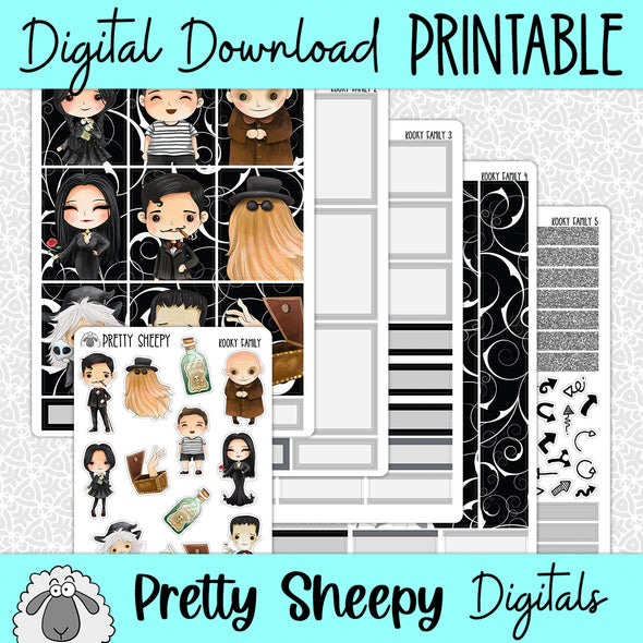 Kooky Family Printable Planner Stickers PNG Digital Download Weekly Vertical Kit