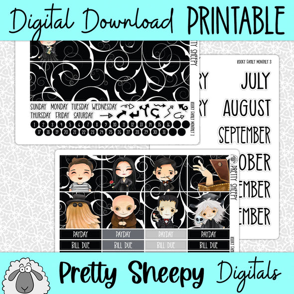 Kooky Family Printable Planner Stickers PNG Digital Download Monthly Kit