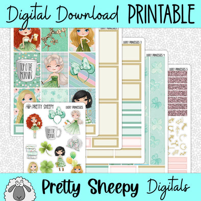 Lucky Princesses Printable Planner Stickers PNG Digital Download Weekly Vertical Kit