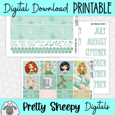 Lucky Princesses Printable Planner Stickers PNG Digital Download Monthly Kit