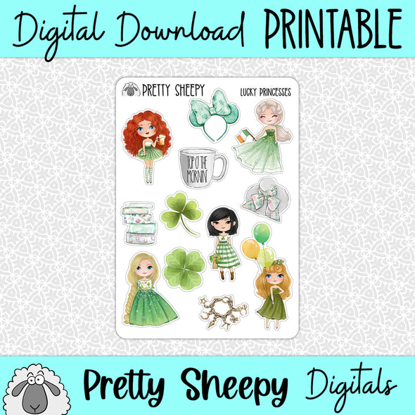 Lucky Princesses Printable Stickers PNG Digital Download