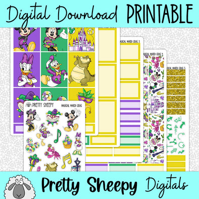 Magical Mardi Gras Printable Planner Stickers PNG Digital Download Weekly Vertical Kit