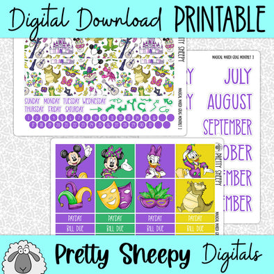 Magical Mardi Gras Printable Planner Stickers PNG Digital Download Monthly Kit