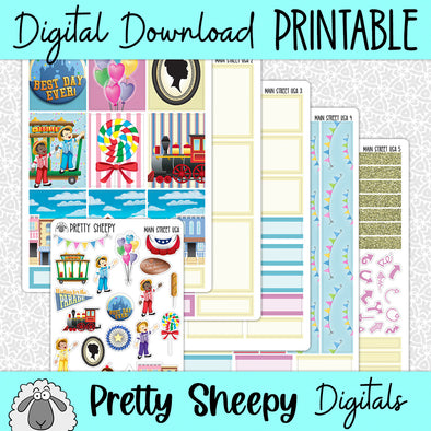 Main Street USA Printable Planner Stickers PNG Digital Download Weekly Vertical Kit