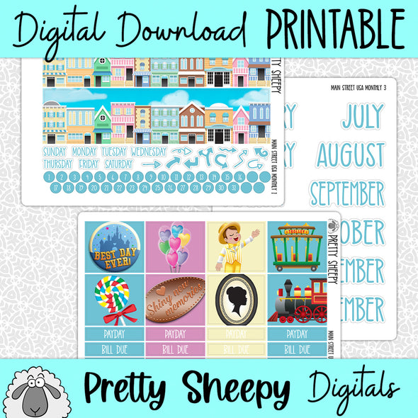 Main Street USA Printable Planner Stickers PNG Digital Download Monthly Kit