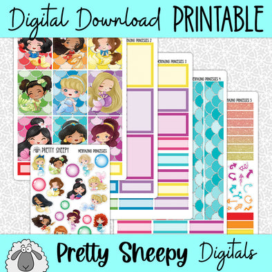 Mermazing Princesses Printable Planner Stickers PNG Digital Download Weekly Vertical Kit