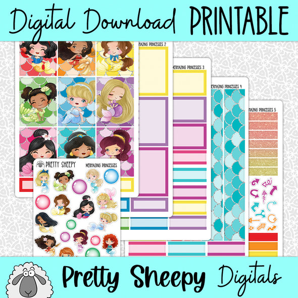 Mermazing Princesses Printable Planner Stickers PNG Digital Download Weekly Vertical Kit