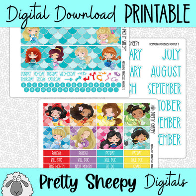 Mermazing Princesses Printable Planner Stickers PNG Digital Download Monthly Kit
