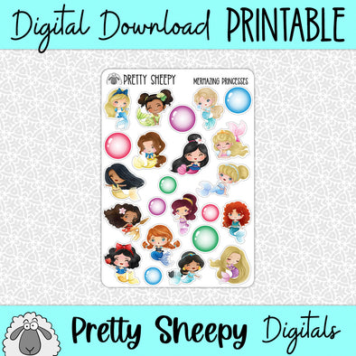 Mermazing Princesses Printable Stickers PNG Digital Download