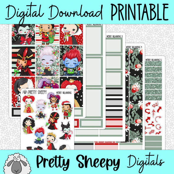 Merry Villainmas Printable Planner Stickers PNG Digital Download Weekly Vertical Kit