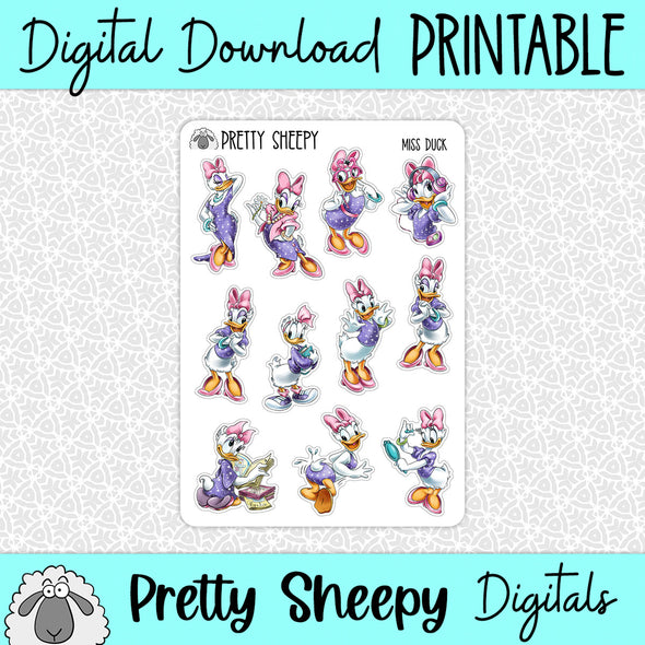 Miss Duck Printable Stickers PNG Digital Download